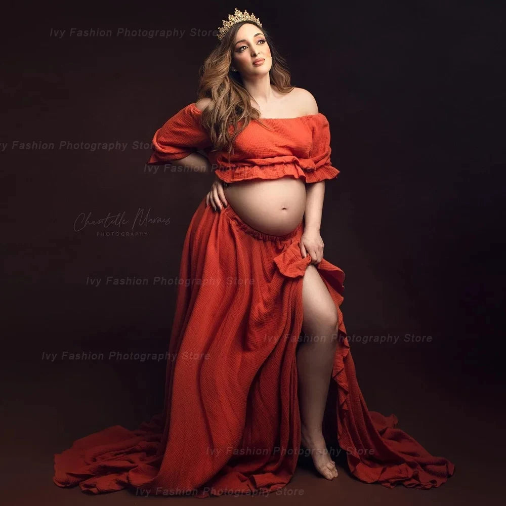 Showlu Fashion maternity dress for photoshoots, off-shoulder boho maxi dress with high slit, perfect for beach and baby shower photography.