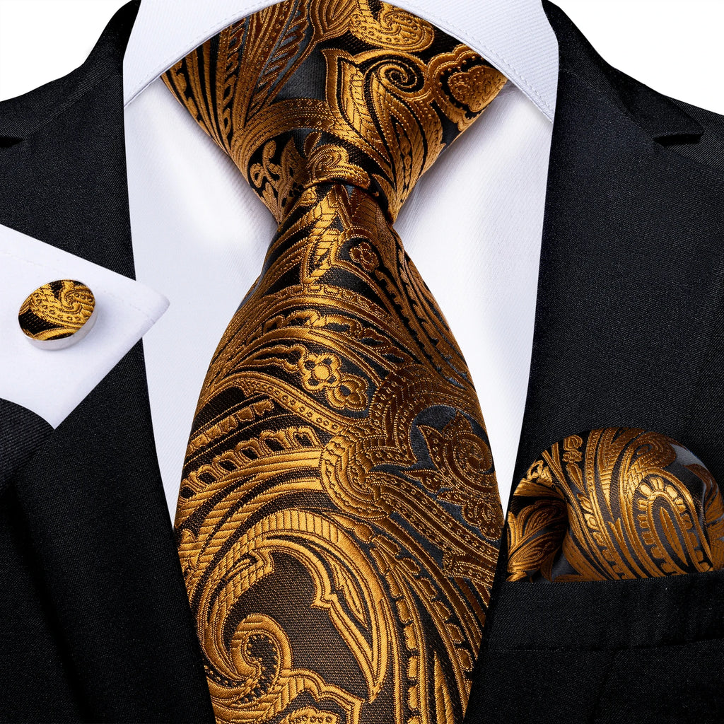 Gift Men Tie Luxury Gold Black Striped Paisley Silk Wedding Tie For Men DiBanGu Designer Hanky Cufflinks Fashion Tie Set