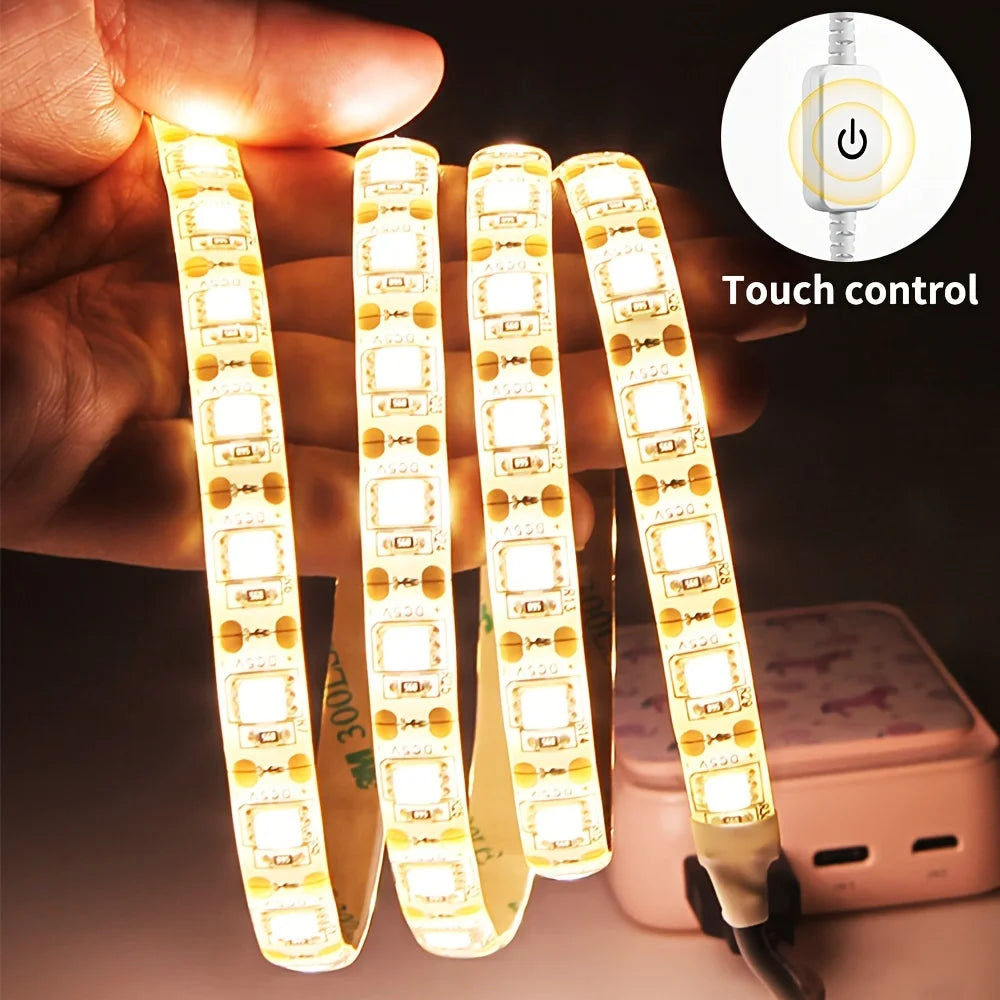 Flexible USB LED strip light in warm white from Showlu Smart General, showing the 5V tape with illuminated LED lights.