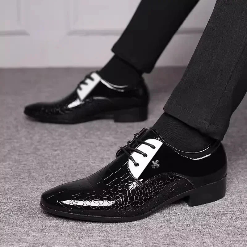 Men's Oxford shoes by Showlu Fashion Store featuring Italian pointed toe patent leather dress shoes with a sleek, polished finish.