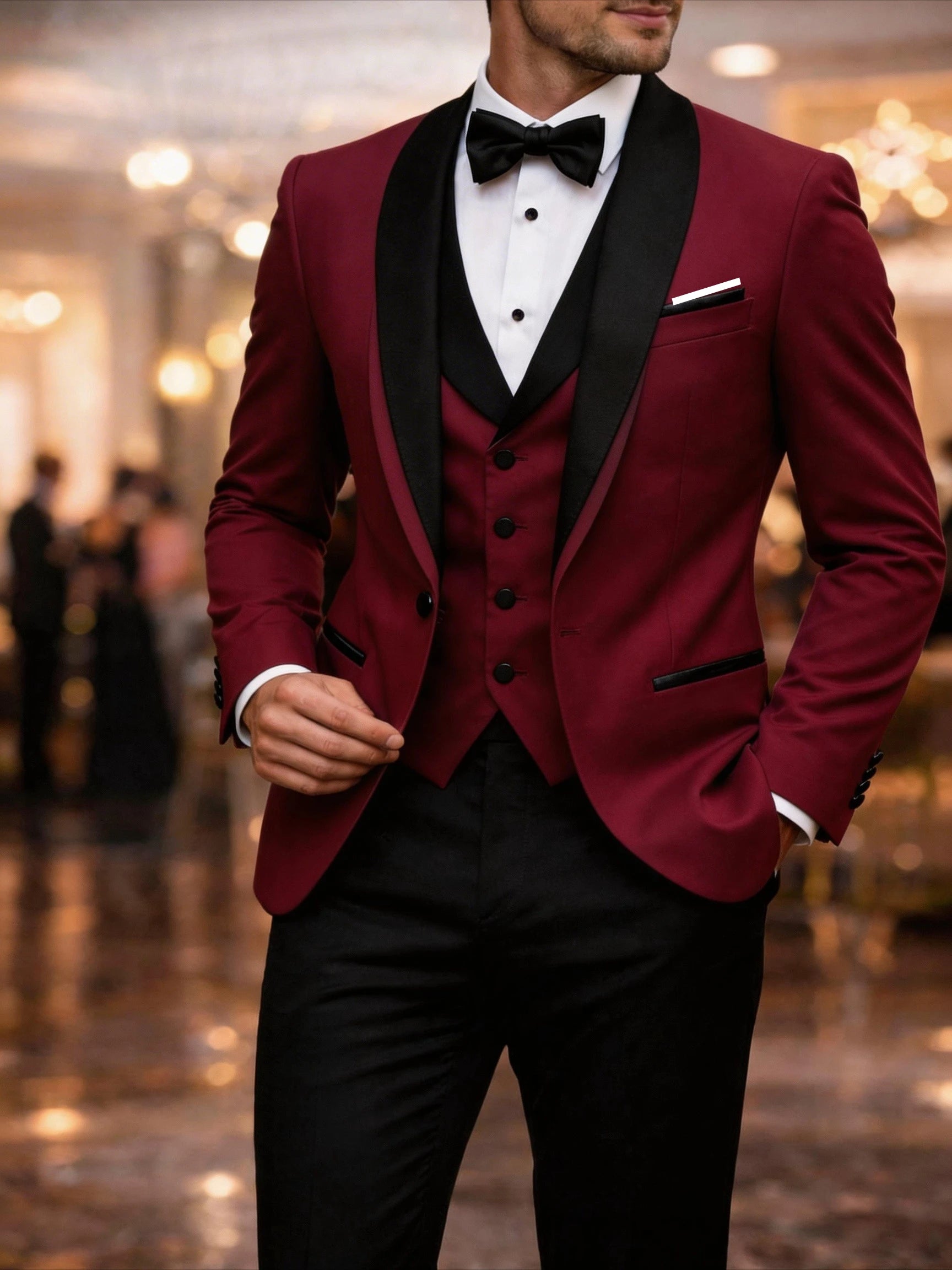 Men's black tuxedo suit set with shawl lapel dinner jacket, formal 3-piece tuxedo for gala, prom, and reception events.