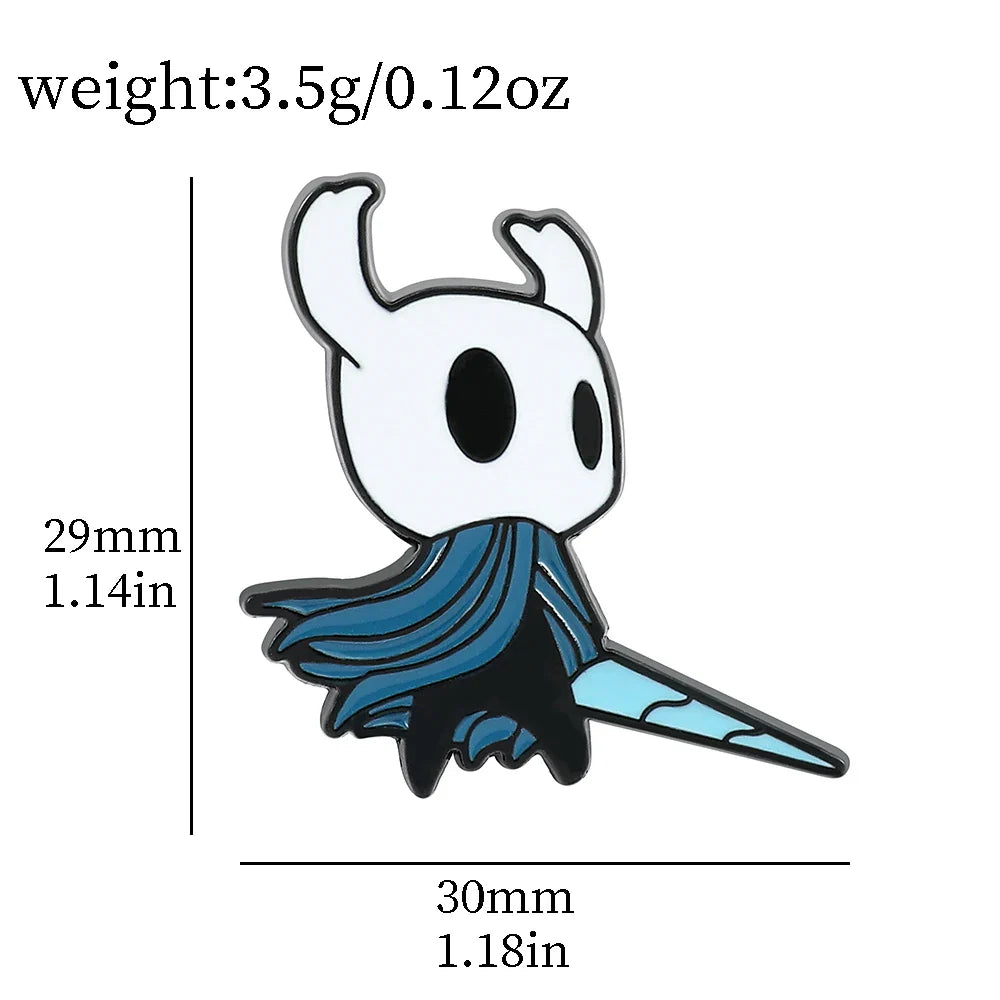 Hollow Knight enamel pin by Hot Toys featuring zinc alloy metal game badge with detailed character design.