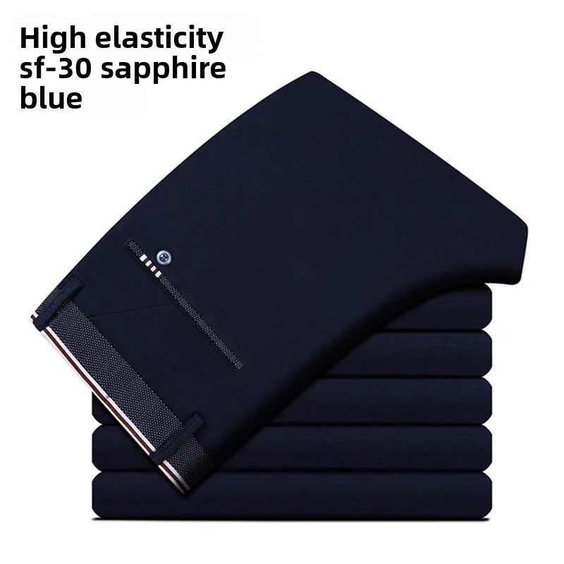Men's stretch travel dress pants by Showlu Fashion, slim fit, lightweight, no iron, classic British business trousers for office wear.