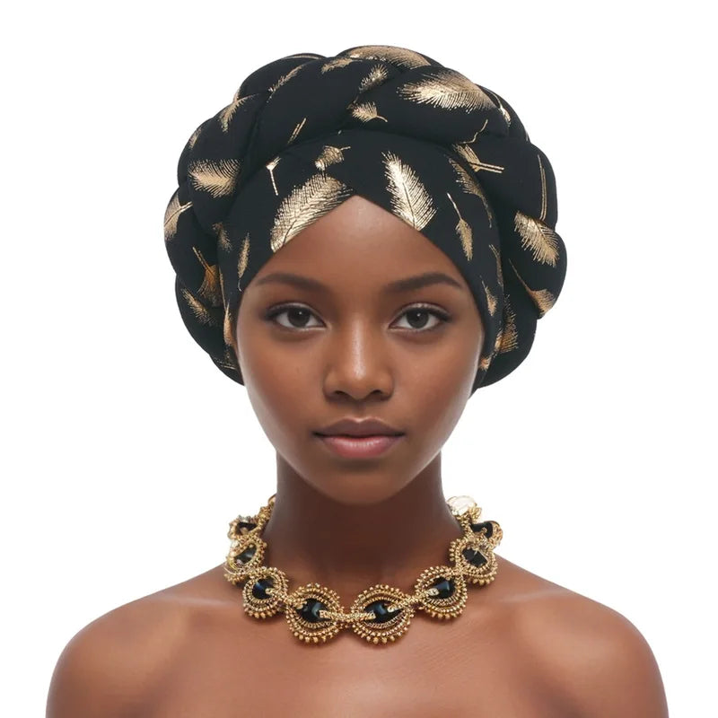 Feather Braid Turban Caps for Women Muslim Headwear Headscarf Bonnet Female Head Wraps African Indian Hat Turbante Mujer