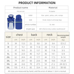 A size chart for a hooded pet raincoat featuring chest, back, and neck measurements.
