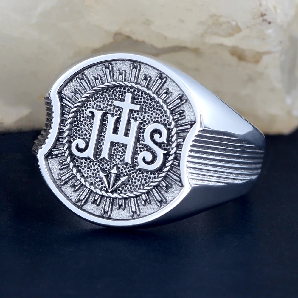 Sterling silver Christian ring featuring Jesus Christ Chi Rho IHS symbol, designed by TEECOIC, with a polished band and detailed religious engraving.
