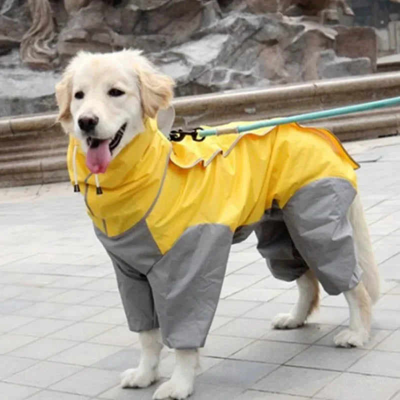 Large dog wearing Showlu Waterproof PU Leather Raincoat Hoodie with hood and poncho-style design, ideal for rainy weather.