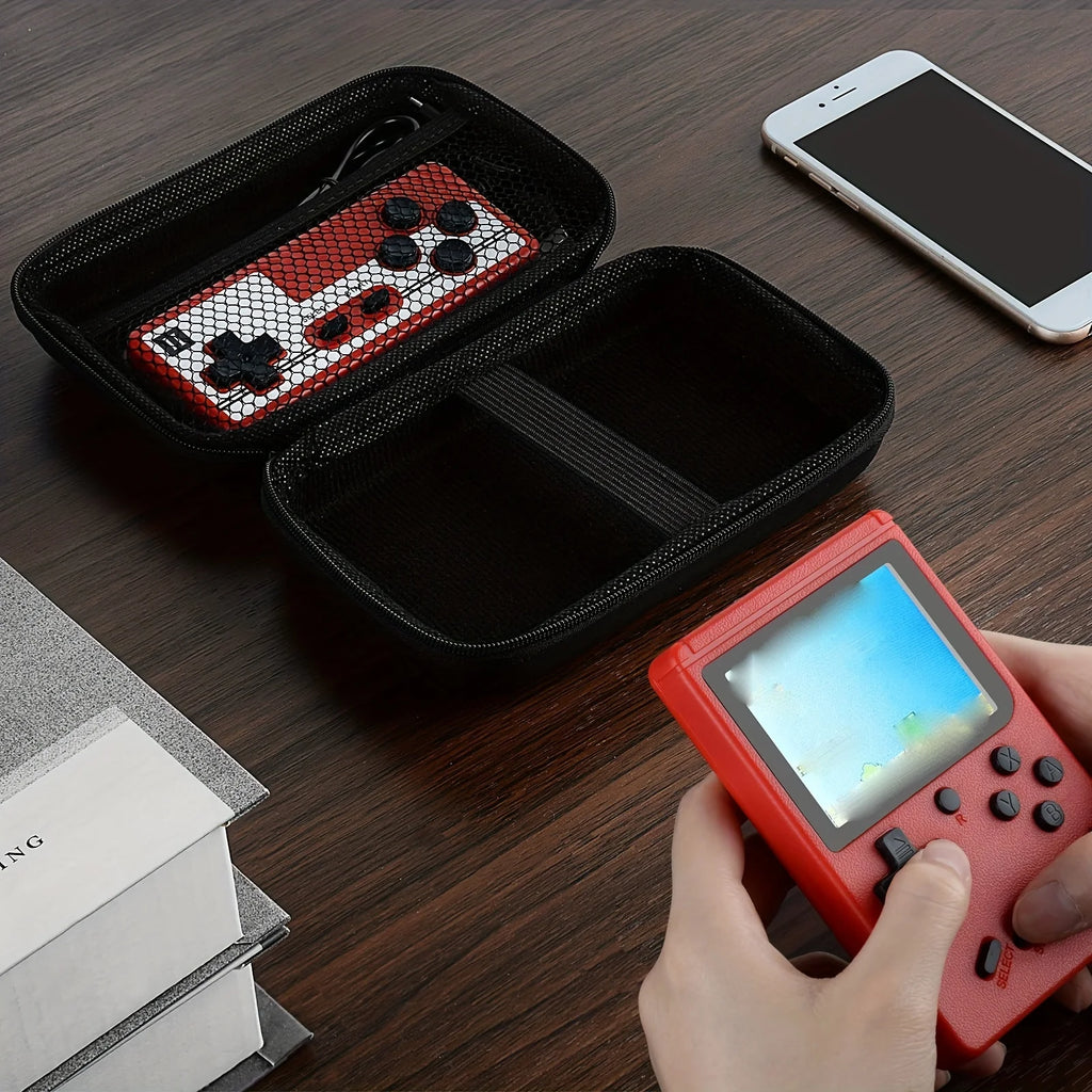 Showlu Fashion Store handheld game console carrying case with protective interior for travel, charging cable, earpods, and batteries.