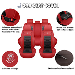 A set of red and black universal car seat covers featuring a lion logo and functional design.