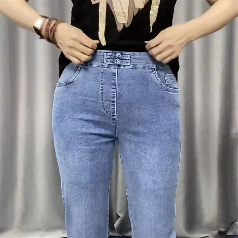 2025New Spring Autumn High Elasticity Women Jean Korean Loose Straight Ankle-Length Cowboy Pants Female Extends Denim Pants Lady