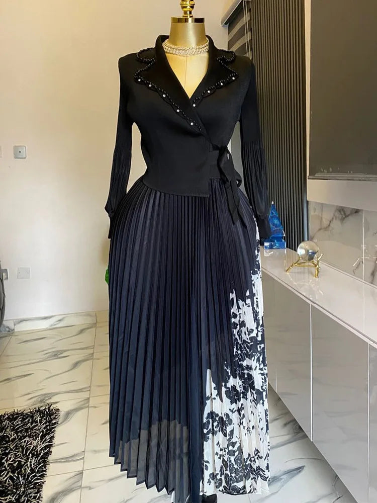 2025 Spring and Summer Vacation Two Pieces Miyake Pleated Printed Dress High-end Pleated Medium and Long Dress Women's Clothing