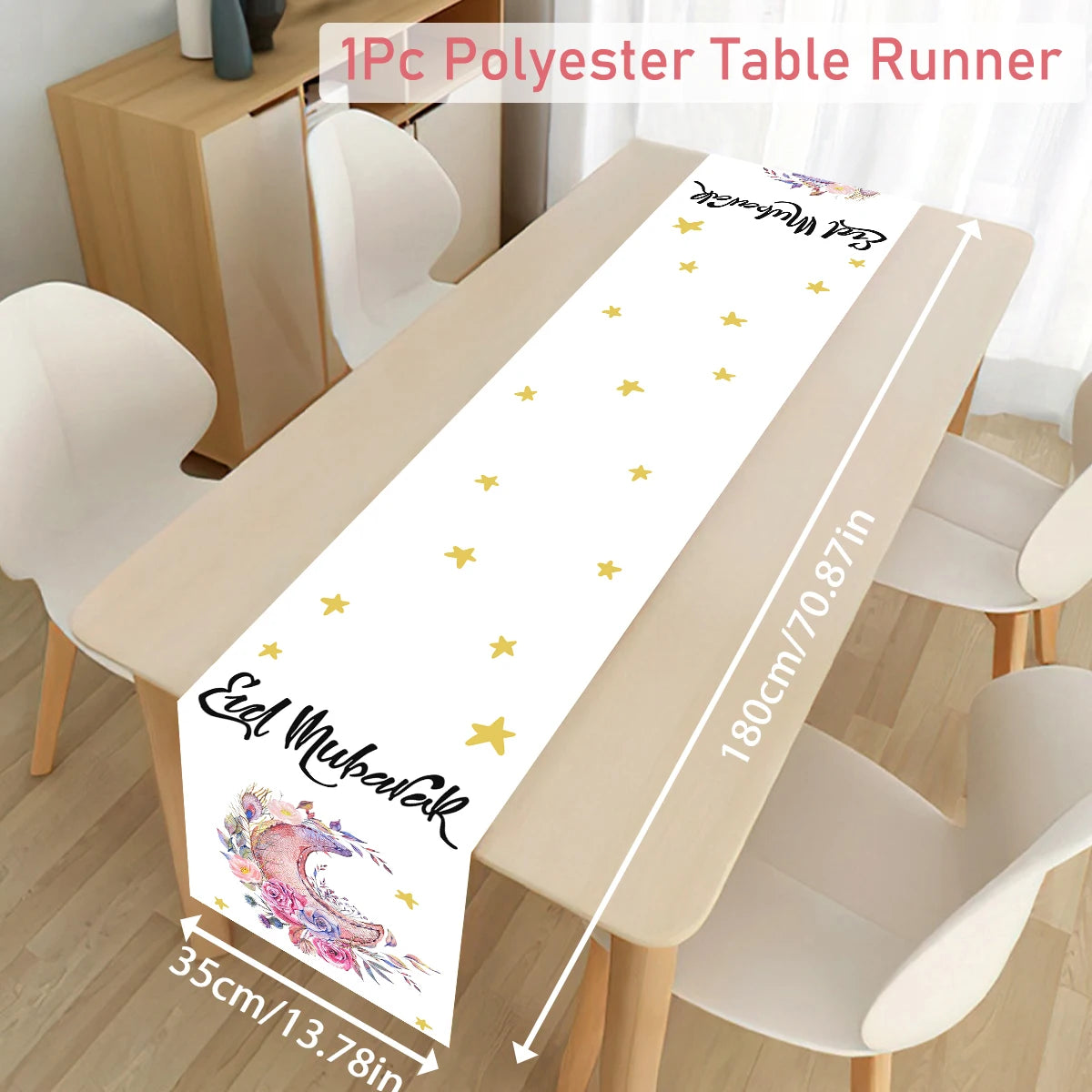 Ramadan decoration table runner with Eid Mubarak design for home, featuring Islamic motif and festive Eid Al-Fitr theme.