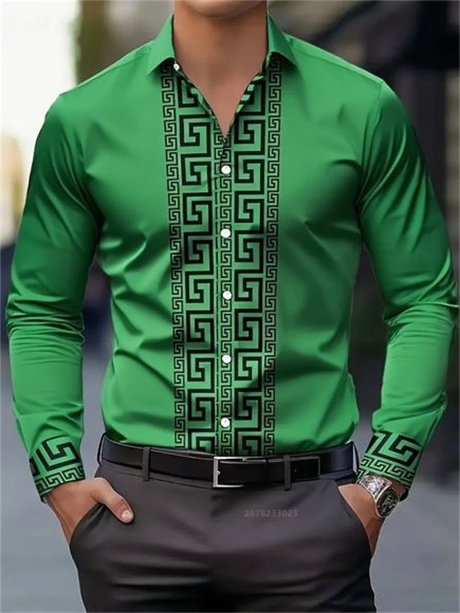Men's patterned long-sleeved shirt with lapel buttons, stylish and casual men's top by Showlu Fashion Store.