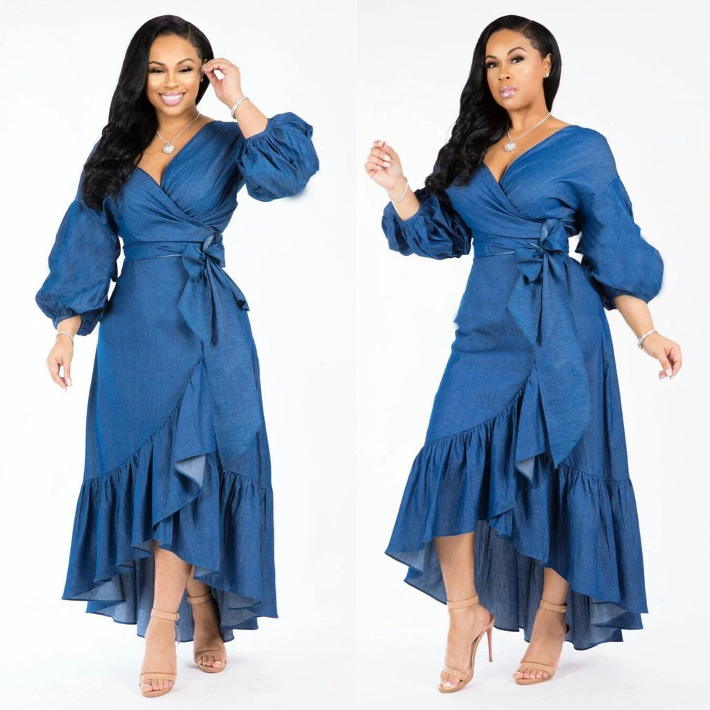 Elegant blue V-neck women’s dress with ruffle lace-up detail, lantern sleeves, vintage style, ideal for spring and summer parties.