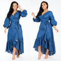 Elegant blue V-neck women’s dress with ruffle lace-up detail, lantern sleeves, vintage style, ideal for spring and summer parties.