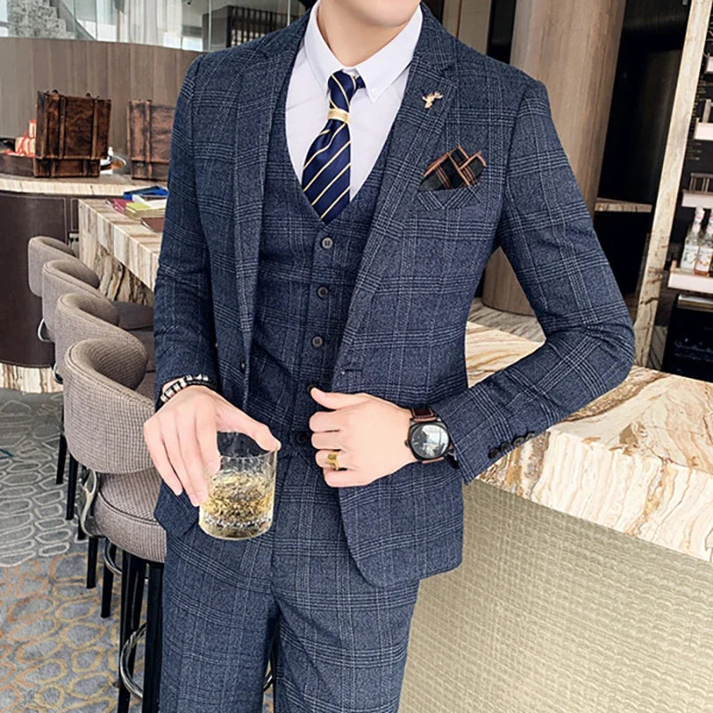 S-7XL (Jacket+Vest+Pants) Fashion Boutique Lattice Formal Business Mens Suit 3Pcs Set Groom Wedding Dress Plaid Suit Show Stage SHOWLU FASHION STORE
