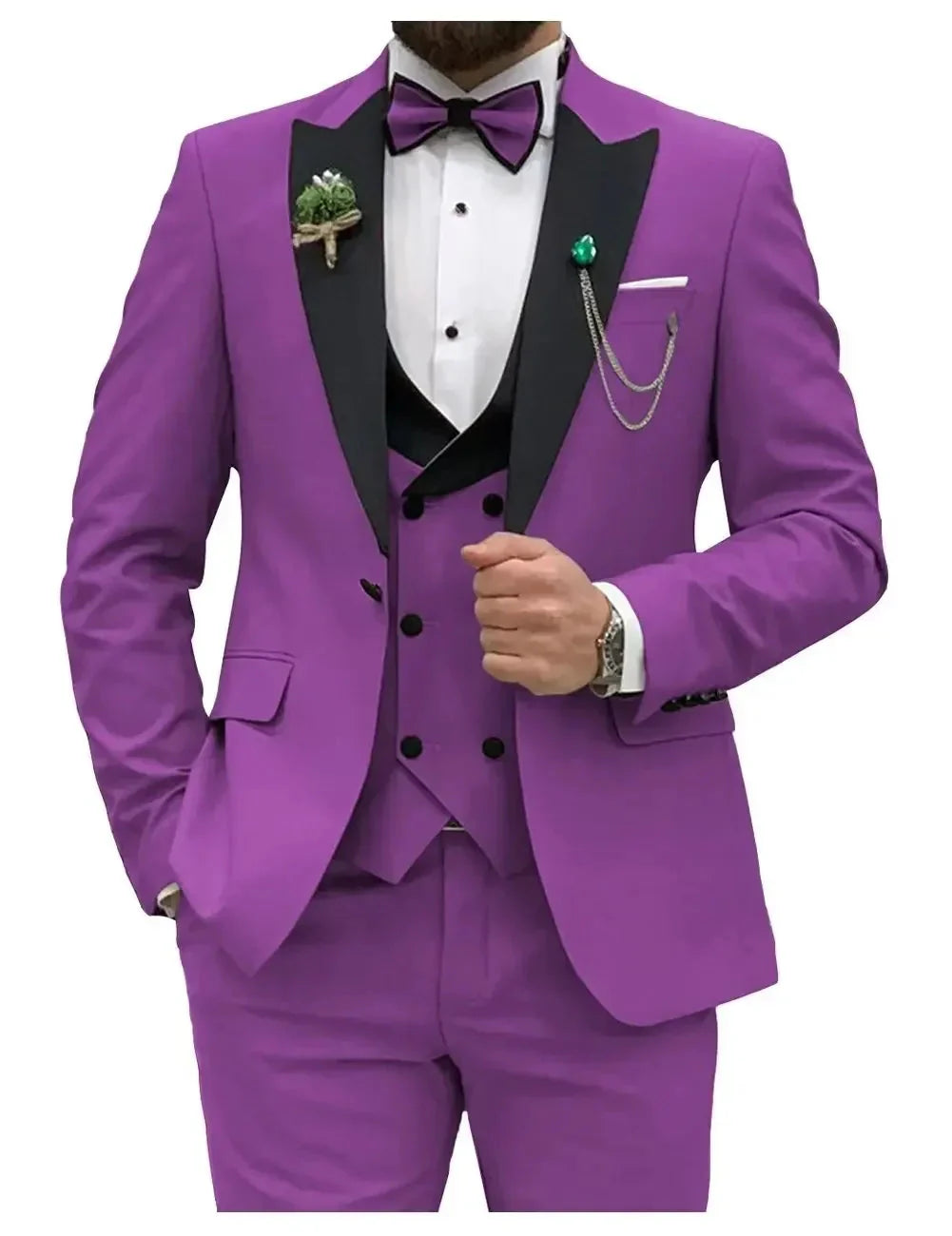Showlu men's slim fit 3-piece suit with peak lapel, formal business tuxedo, tailored for a sharp, modern look.