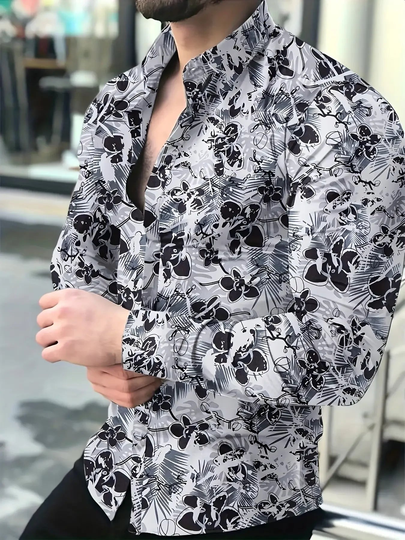 Men's geometric pattern printed shirt by Showlu Fashion with 3D digital design, long sleeve, business casual style.