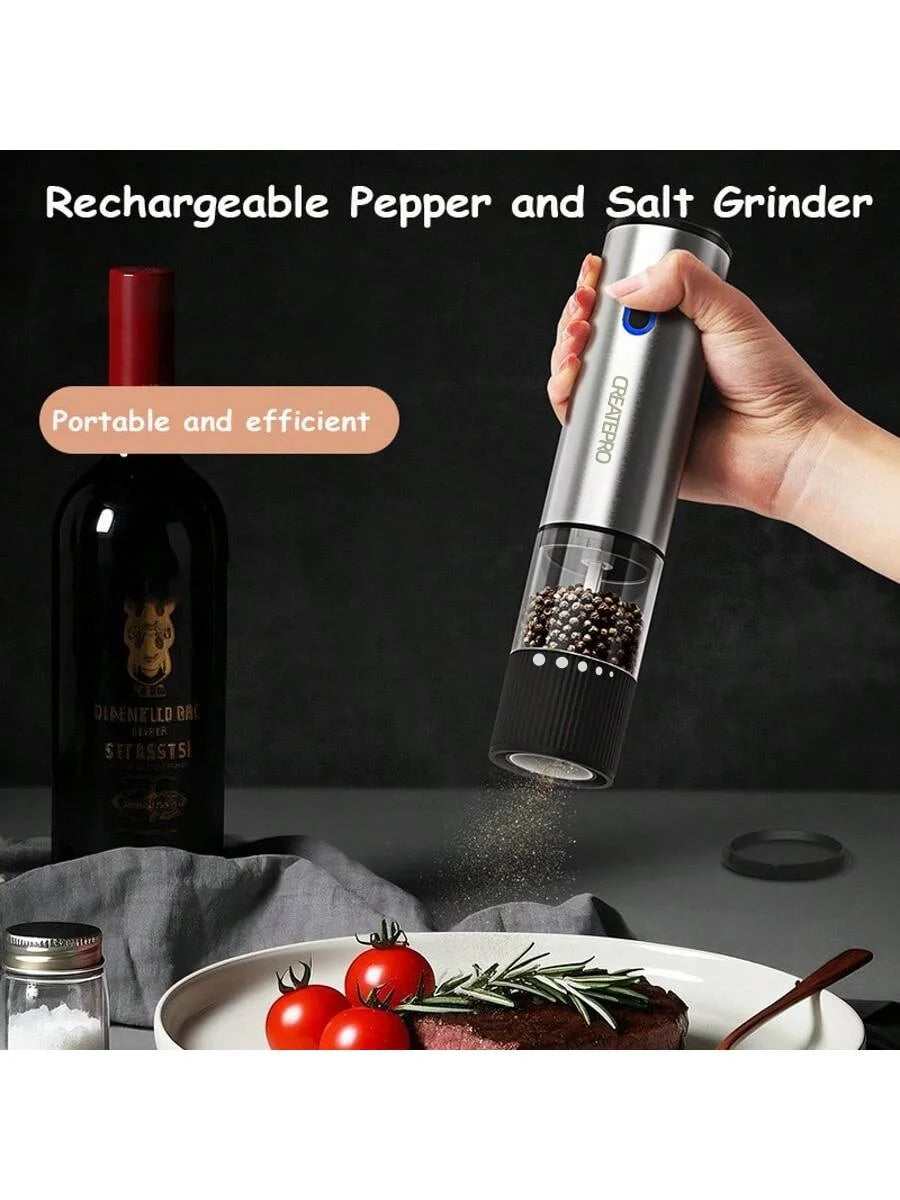 Showlu Smart General electric salt and pepper grinder with sleek black design and clear adjustable spice containers.