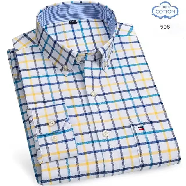 Men's long sleeve plaid cotton Oxford shirt with red and striped pattern, designed by Showlu Fashion, available in 7XL size.