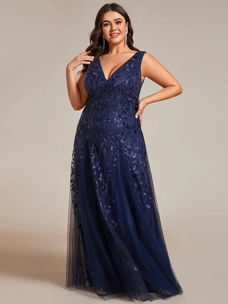 Dark green plus size sequin evening dress by SHOWLU FASHION STORE with a V-neck and A-line silhouette.