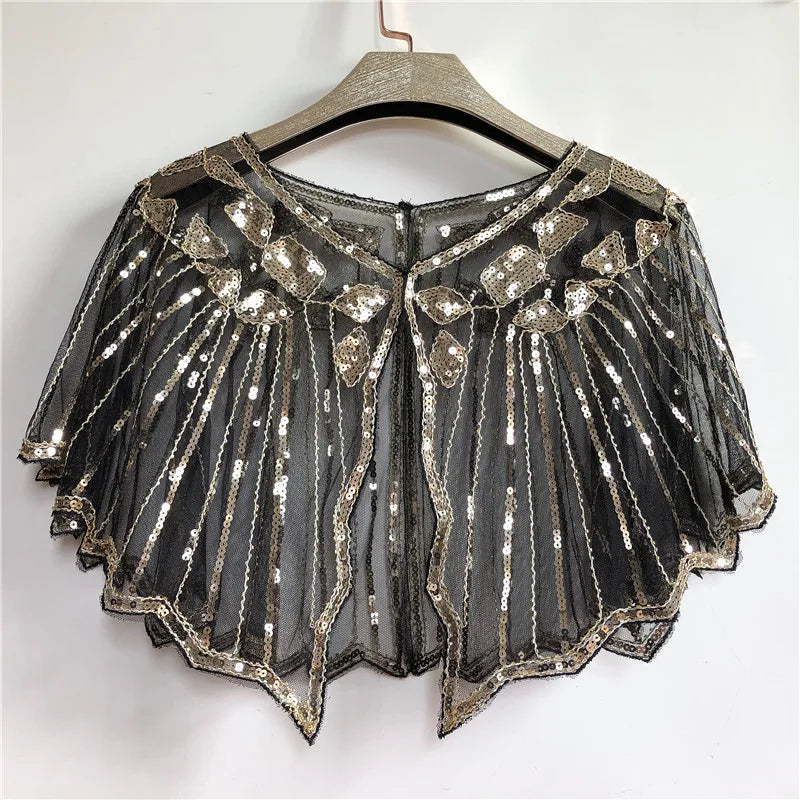 1920s retro beaded sequin flapper shawl, loose decorative short cape for evening parties, stylish ladies outerwear.