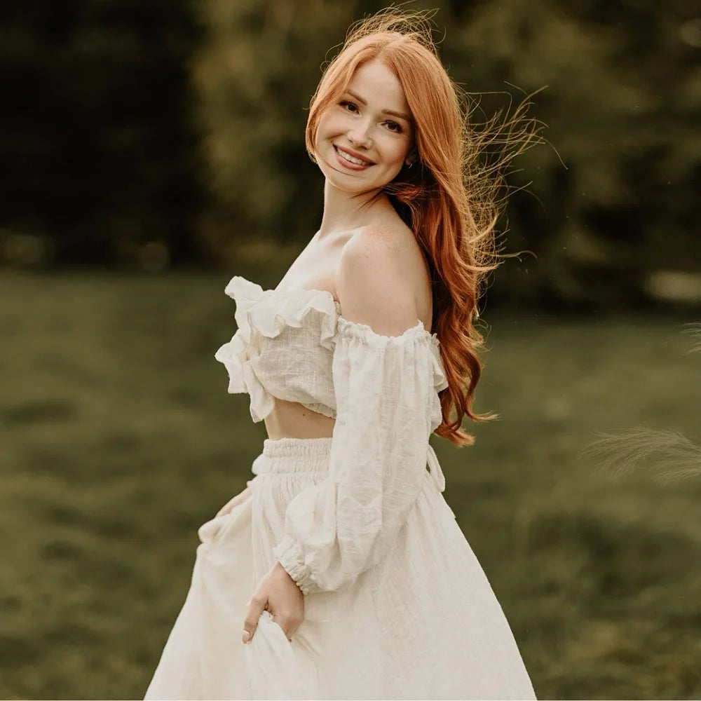 Showlu Bohemian 2-piece maternity photography gown set with linen cotton fabric, featuring flowing design and boho style.
