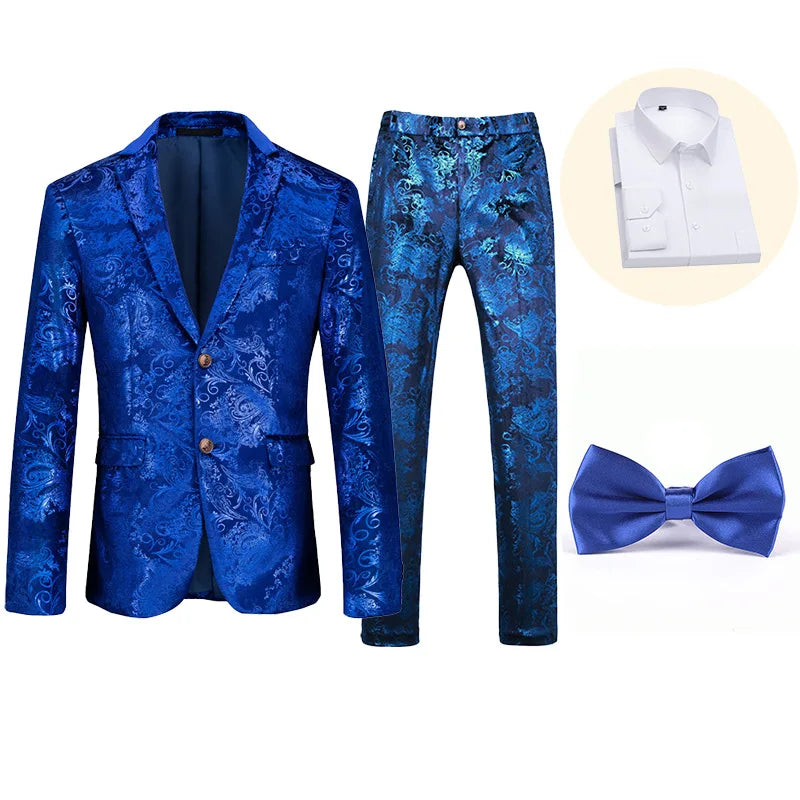 Men's 3-piece slim fit British style wedding suit by Showlu Fashion Store, featuring printed design and tailored fit.