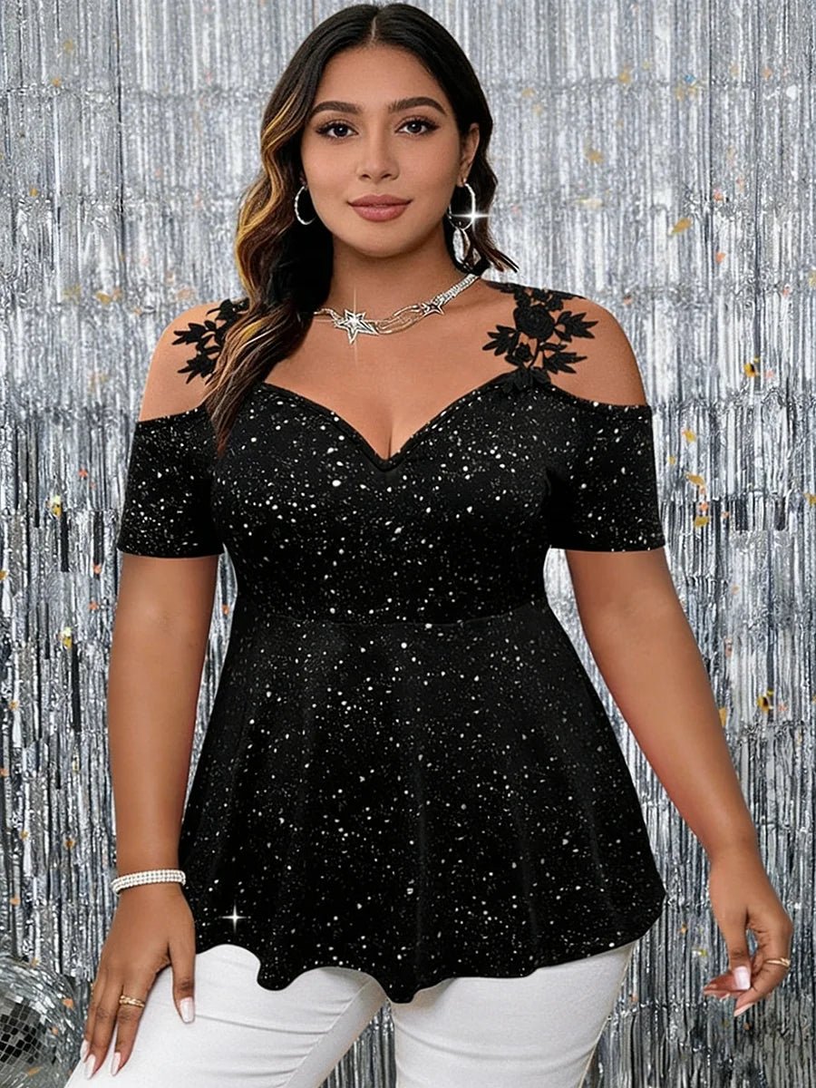 Plus size Showlu women's cold shoulder lace peplum T-shirt with V-neck, stylish and comfortable women's top with feminine lace details.