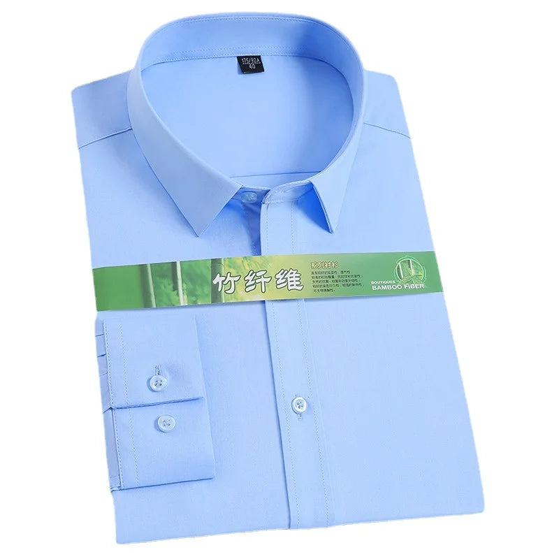 White bamboo fiber men's long sleeve dress shirt by Showlu Fashion, featuring stretch-free, soft, professional, formal business style in 8XL