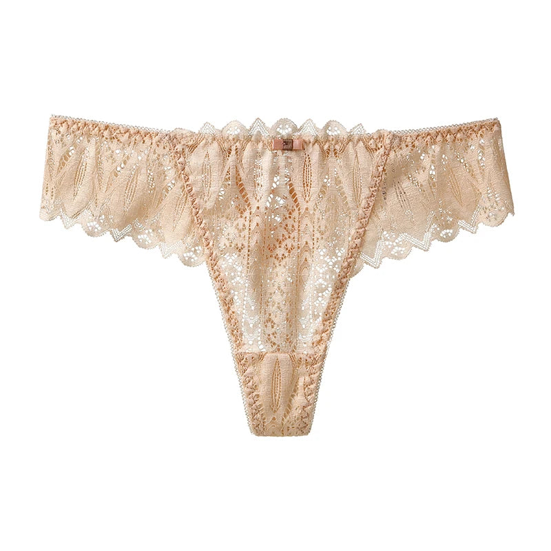 Hollow out lace black G-string panties for women, transparent thong with low waist design, available in size S to XL.