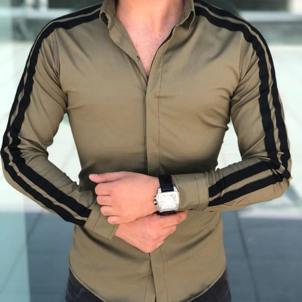 Showlu men's stripe long sleeve shirt made from bamboo fiber, casual business top with stylish horizontal stripes.