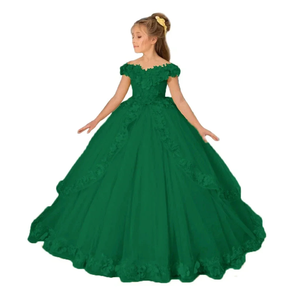 Yellow flower girl dress by Showlu Fashion with beading, appliqué details, suitable for pageants, birthdays, first communions, and prom.