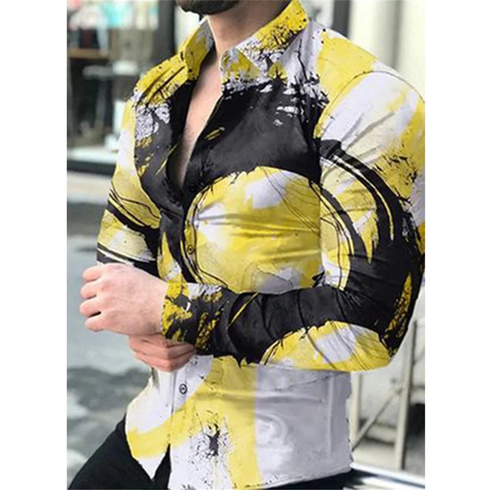Men's casual long sleeve shirt with lapel and single-breasted design, suitable for street fashion and everyday wear.