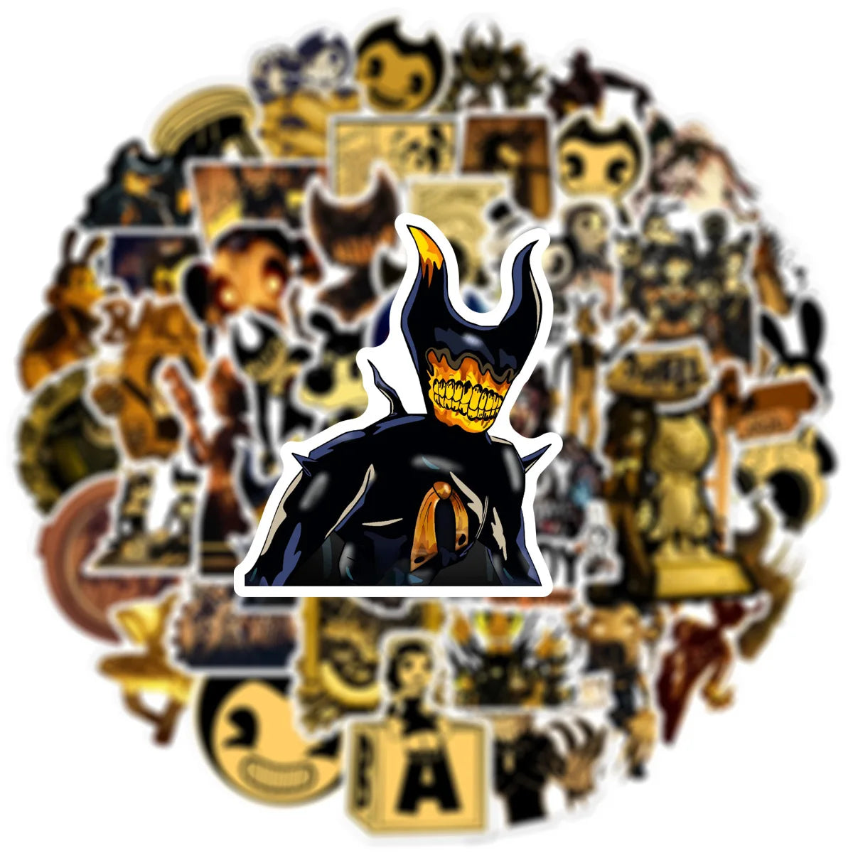 Set of 50 waterproof vinyl Bendy and The Dark Revival horror game stickers featuring colorful, detailed character and scene designs.