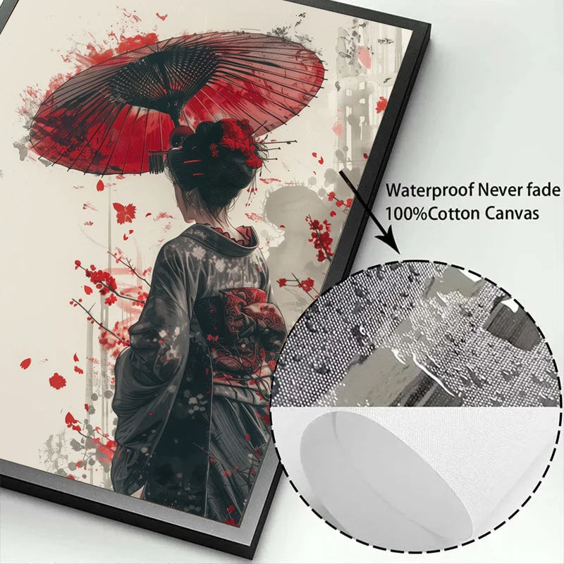 Japanese landscape art poster featuring samurai, geisha, cherry blossoms, and torii gate in a traditional scene for home decor.