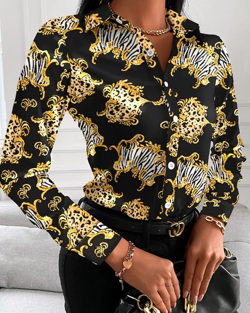 Women’s long sleeve blouse with floral, chain, and geometric square print, turn-down collar, from Showlu Fashion Store.