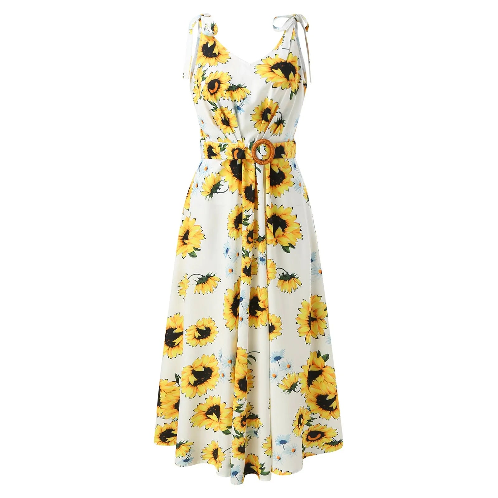 Floral sleeveless maxi beach dress for women with belt by SHOWLU FASHION STORE, featuring a flowy design and vibrant floral pattern.