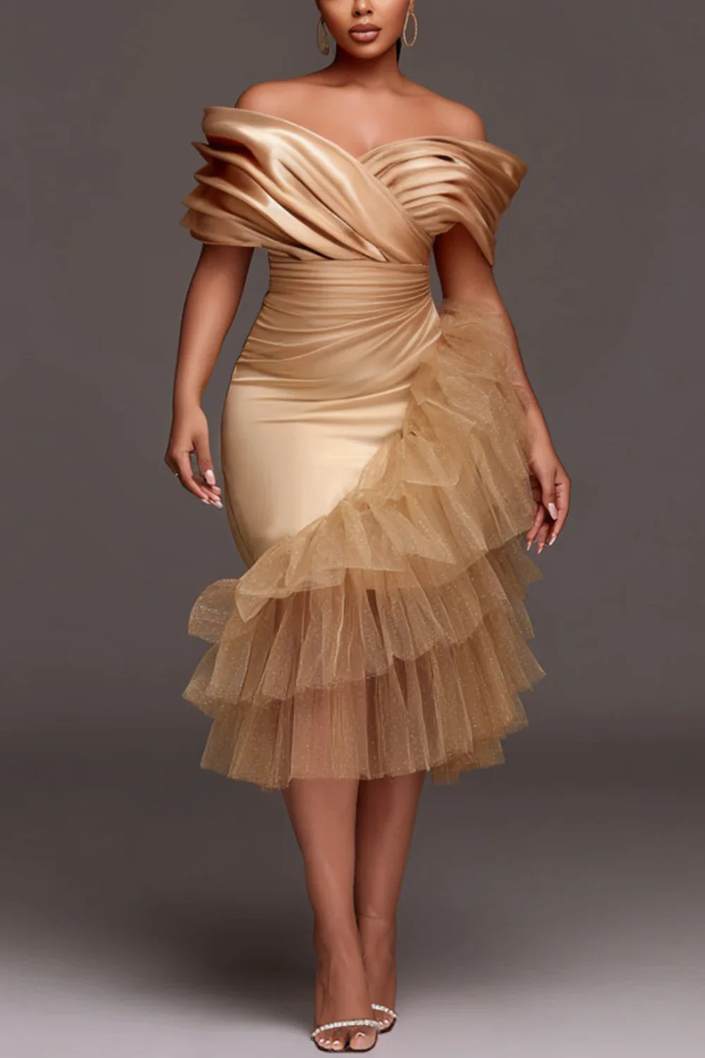 SHOWLU plus size champagne tulle off-the-shoulder satin midi dress, elegant formal evening gown with flowing design