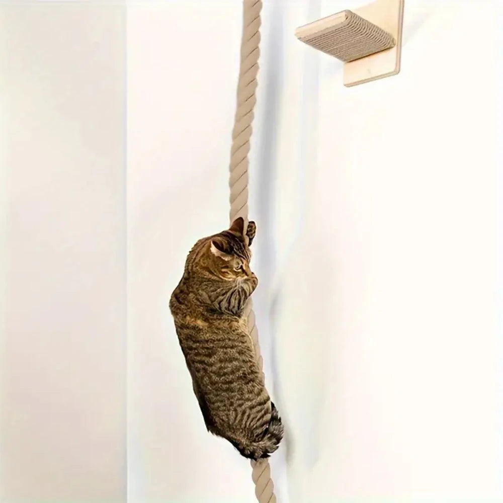 Wall-mounted cat climbing rope and wooden sisal scratching post by Showlu Fashion Store, designed for feline entertainment and scratching.