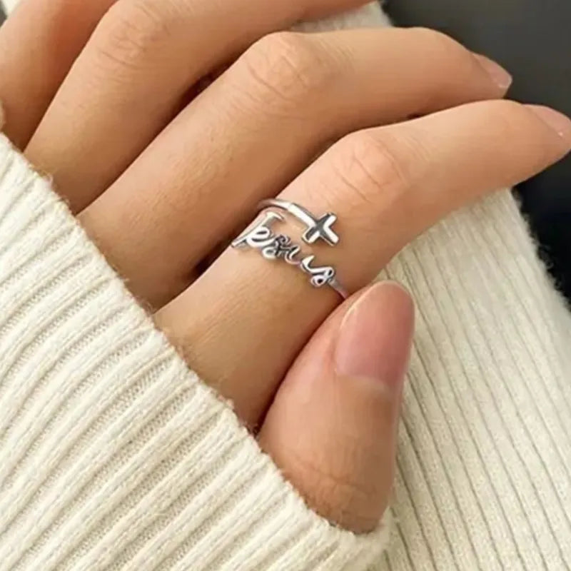 Showlu Silver Cross Jesus Zircon Ring featuring religious design with sparkling zircon stones, crafted for spiritual jewelry enthusiasts.