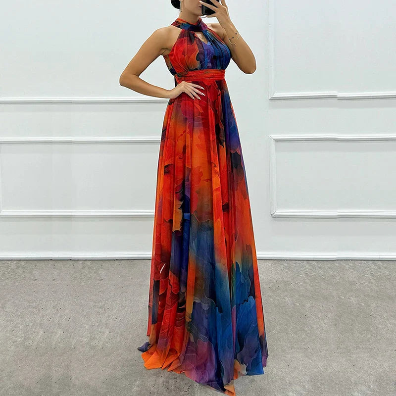 Vintage print halter maxi dress for women by Fanbety, bohemian style party gown with flowing fabric and bold floral patterns.