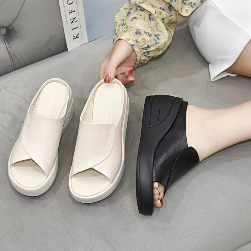 Shijunyi Women's Wedge Platform Sandals with orthopedic support and beach slide design in neutral tones