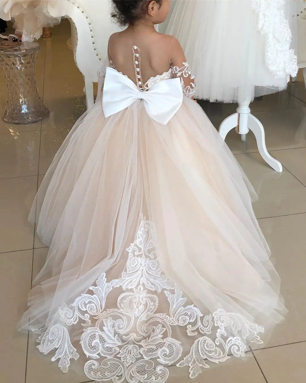 Long lace tulle flower girl dress by Showlu Fashion Store, floor-length ball gown for girls aged 3 to 9 with floral detailing.