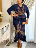 Plus Size African Clothes for Women Dashiki Diamond Luxury Wedding Evening Party Dresses 2 PCS Set Tops And Skirts Suits