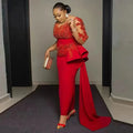 Red lace appliqué prom dress with sheer long sleeves by SHOWLU FASHION, featuring an elegant evening gown design.