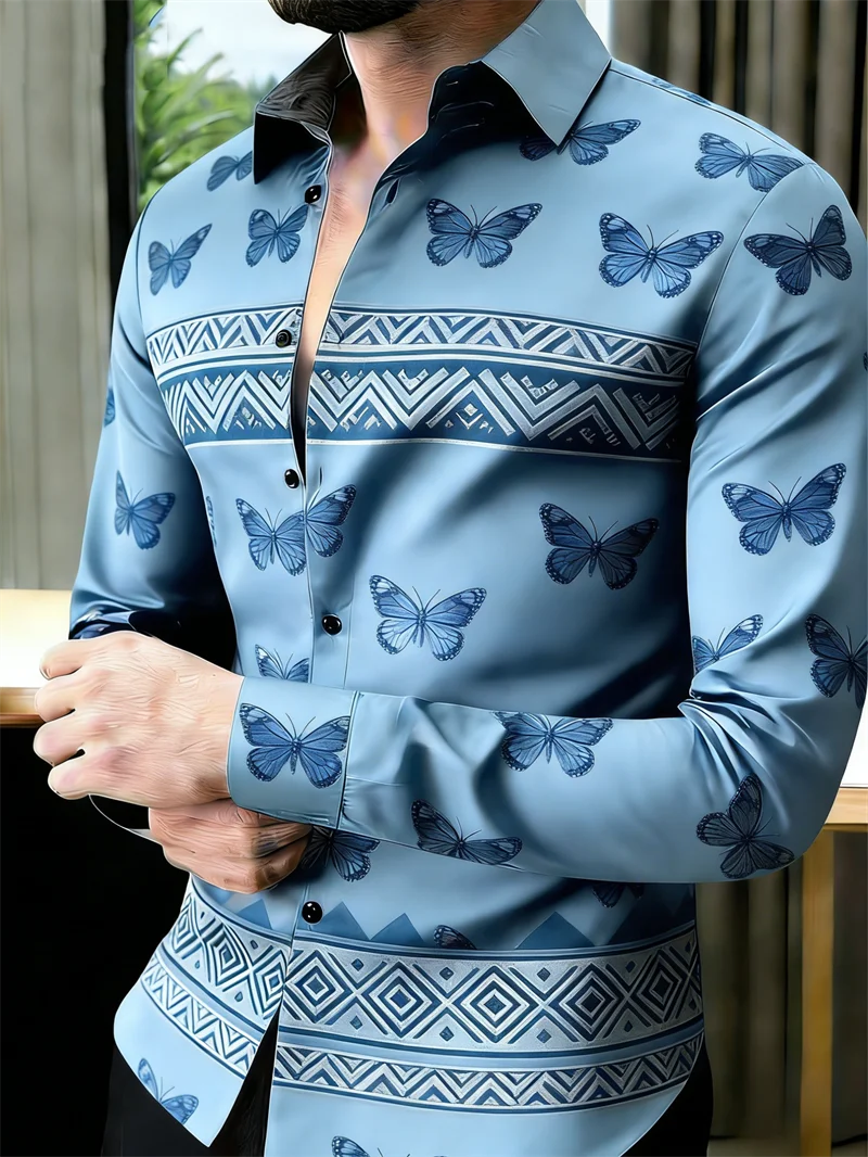 Men's long sleeve lapel shirt with 3D butterfly print in 11 colors, stylish fashion shirt from Showlu Fashion Store.