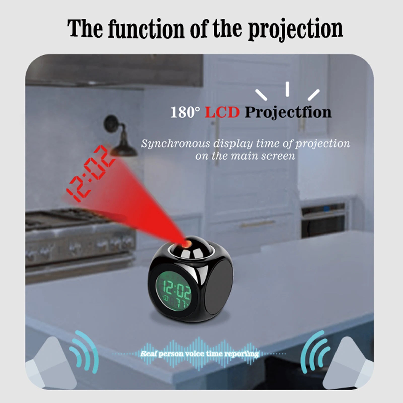 Showlu Smart LED Alarm Clock with digital LCD display, projector feature, and temperature sensor, in sleek modern design.