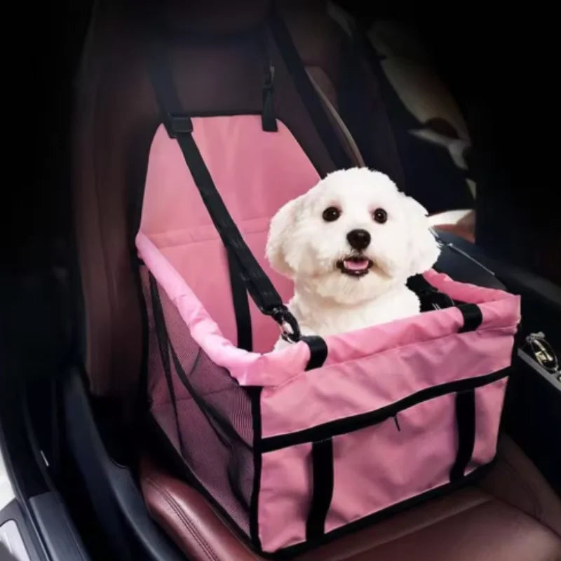 Foldable dog and cat car seat cover with harness and basket, designed for safe travel in a Showlu Fashion Store pet car seat.