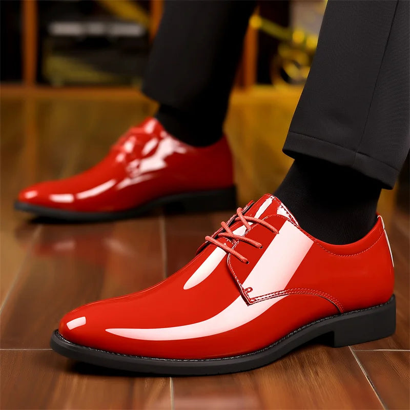 Men's pointed toe dress shoes by Showlu Fashion in red PU leather with lace-up design, suitable for formal or social occasions.